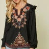 Ladies Savanna Jane Black Ruffle Detail Embroidered Blouse - 19736 - FINAL SALE