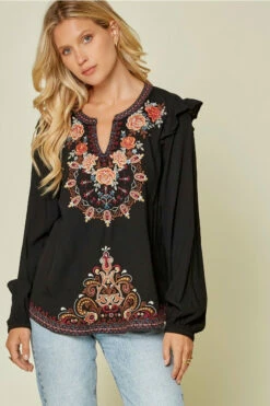 Ladies Savanna Jane Black Ruffle Detail Embroidered Blouse - 19736 - FINAL SALE