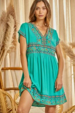 Ladies Savanna Jane Embroidered Emerald Dress - 94600