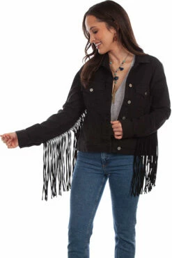 Ladies Scully Black Fringed Denim Jacket - HC711