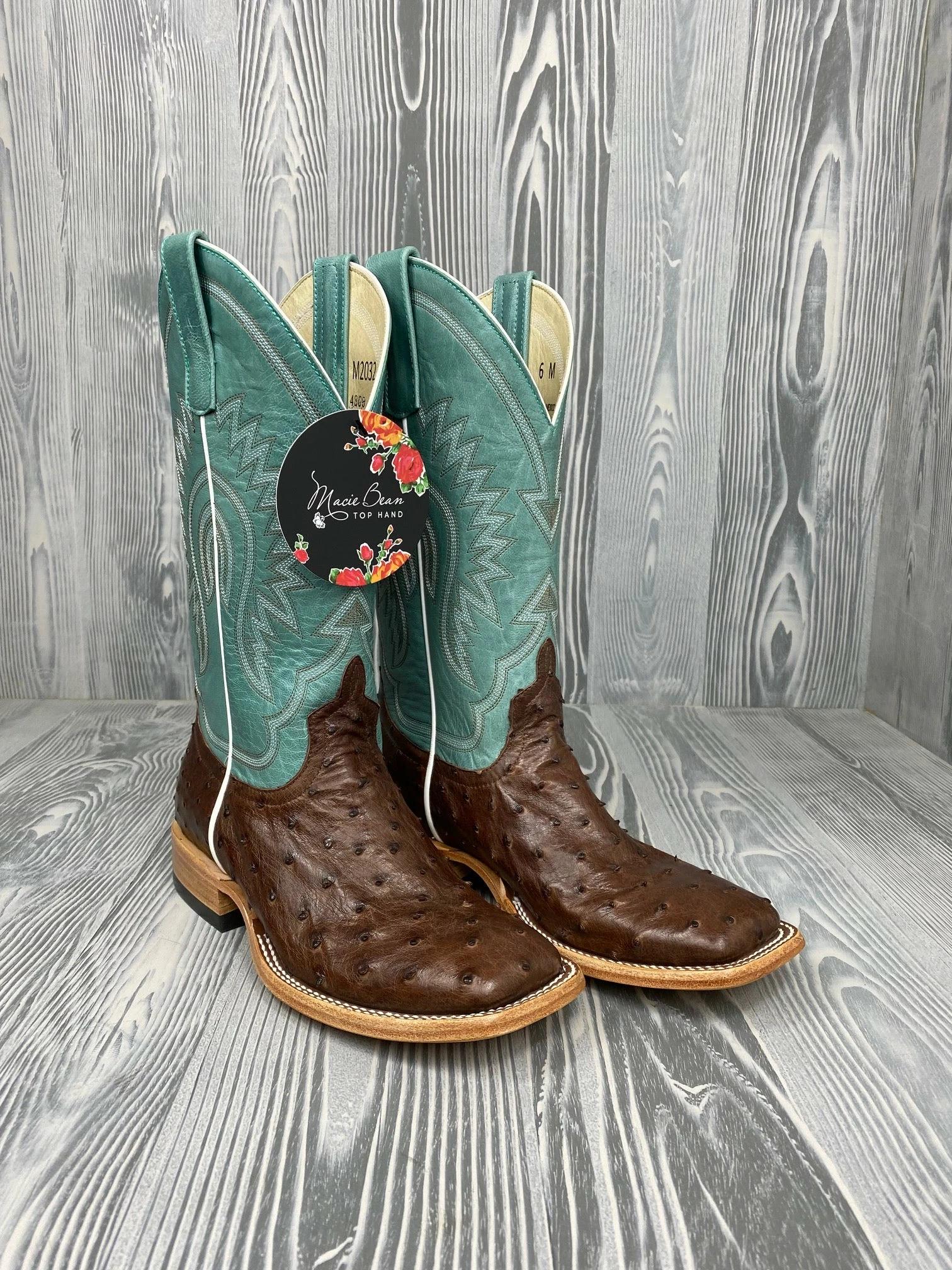 Macie Bean Kango Tobac Full Quill Ostrich With 12" Vail Sky Blue - M2032 1 Macie Bean Kango Tobac Full Quill Ostrich With 12" Vail Sky Blue - M2032