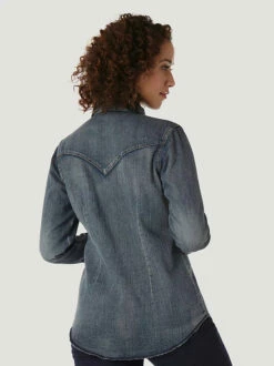 Ladies Wrangler Western Long Sleeve Snap Denim Shirt - LW3039D -cowboy clothing shop LW3039D ALT2