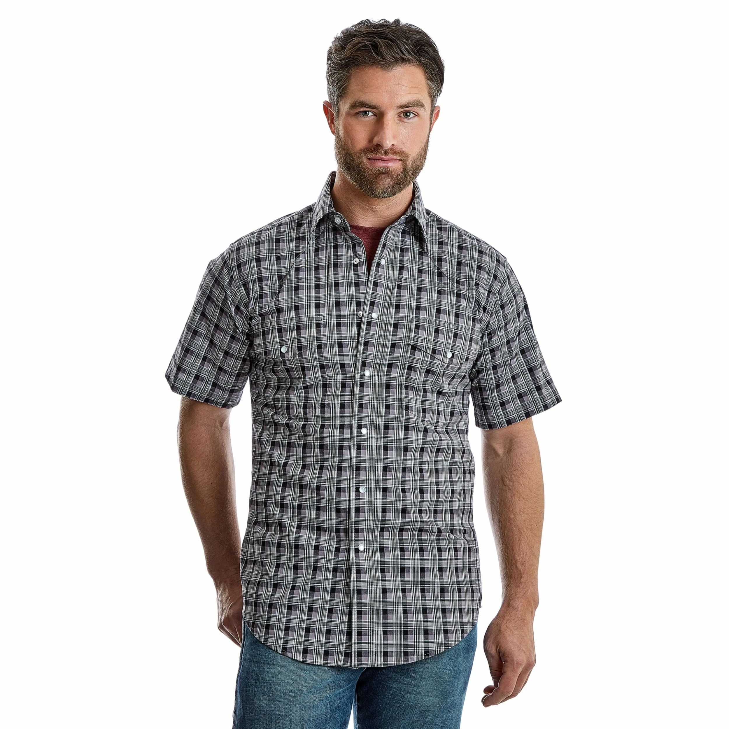 Mens Wrangler Wrinkle Resist Short Sleeve Short - Black/Grey 1 Mens Wrangler Wrinkle Resist Short Sleeve Short - Black/Grey