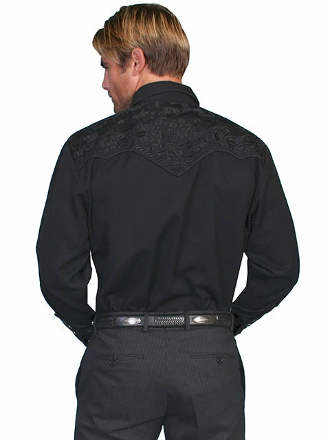 Men's Scully Jet Black Floral Tooled Embroidered Shirt - P634 2 Men's Scully Jet Black Floral Tooled Embroidered Shirt - P634 - Image 2