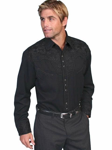 Men's Scully Jet Black Floral Tooled Embroidered Shirt - P634 1 Men's Scully Jet Black Floral Tooled Embroidered Shirt - P634