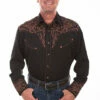 Scully Men's Tribull Embroidered Black Western Shirt- P884