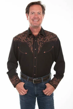 Scully Men's Tribull Embroidered Black Western Shirt- P884