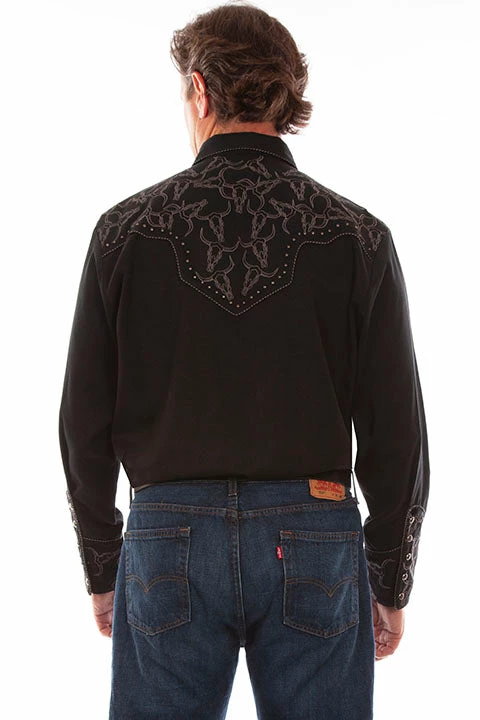 Men's Scully Black Longhorn Embroidered Shirt - P912 2 Men's Scully Black Longhorn Embroidered Shirt - P912 - Image 2