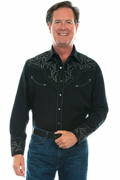 Men's Scully Black Longhorn Embroidered Shirt - P912 1 Men's Scully Black Longhorn Embroidered Shirt - P912