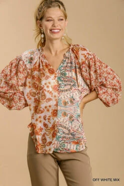 Ladies Umgee Mixed Print Split Neck Top And High Low Hem - A0507