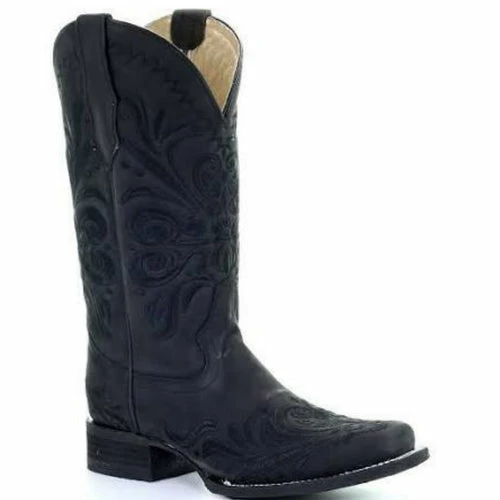 Ladies Black Embroidery Square Toe Western Boot - L5464 1 Ladies Black Embroidery Square Toe Western Boot - L5464