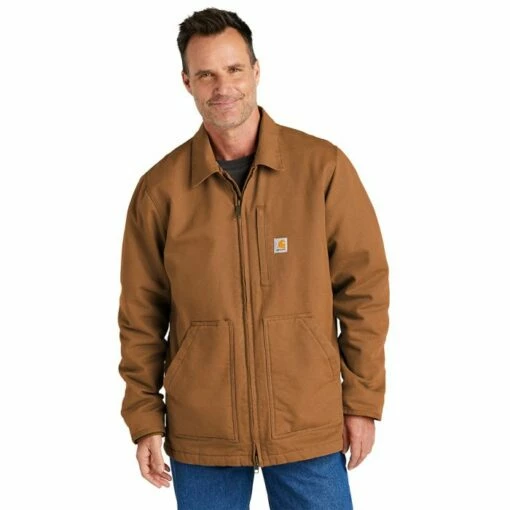 Carhartt Loose Fit Washed Duck Sherpa-Lined Coat - 104293 -cowboy clothing shop ct104293 carharttbrown model front