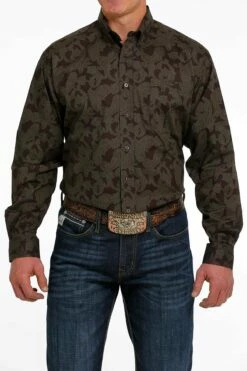 Men's Cinch Green/Brown Paisley Print Button Down Western Shirt - MTW1105489