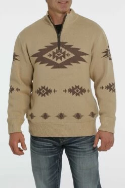Men's Cinch 1/4 Zip Aztec Print Pullover Khaki Sweater - MWK1560002 - FINAL SALE